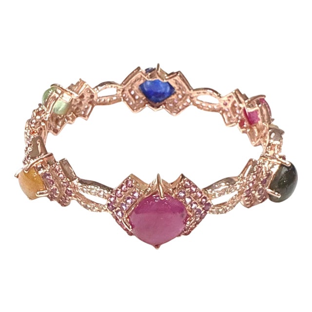 Bochic “Capri” Ruby & Multi Color Gem & Sapphire Bangle Set In 18K Gold & Silver For Sale