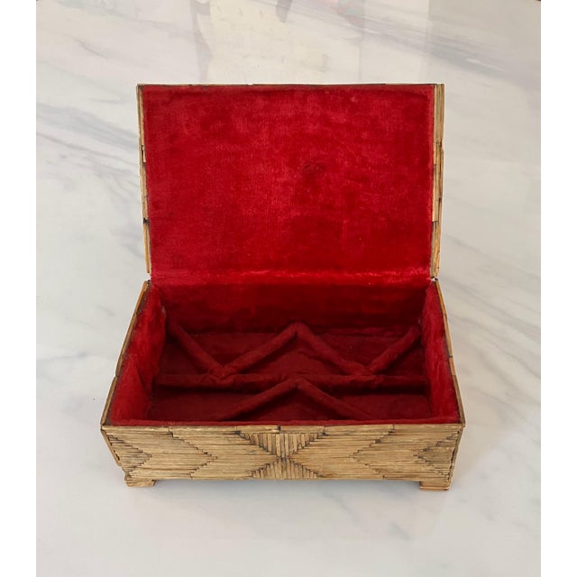 Folk Art 1930s Tramp Art Jewelry Box Tribute to Mother, Cigar Box, Match Work With Velvet Lining For Sale - Image 3 of 7