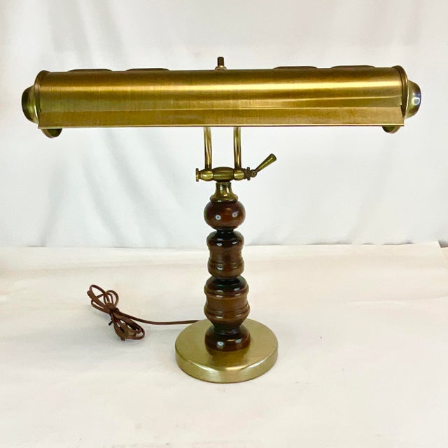 1940s Arts & Crafts Walnut and Brass Desk Lamp, Dual Socket. For Sale - Image 10 of 12