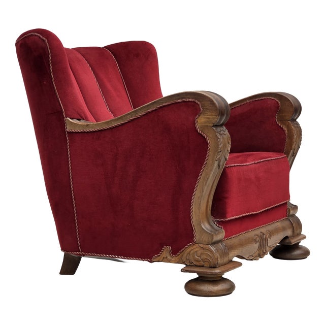 Danish Relax Armchair in Furniture Velour and Carved Oak Wood, 1950s For Sale