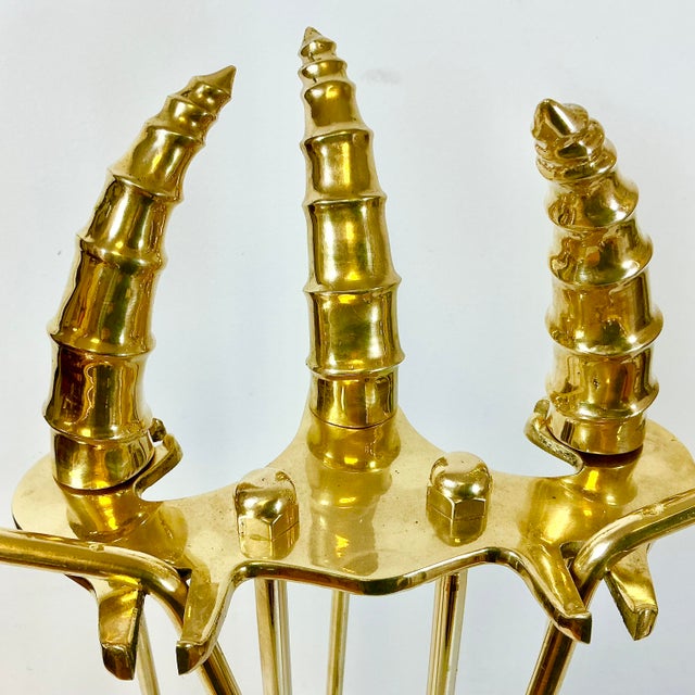 1970s Vintage Hollywood Regency Brass Blesbok Antelope Horn Fireplace Tools - Set of 5 For Sale - Image 13 of 16