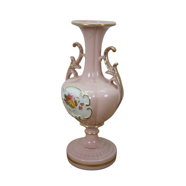 American Mid 20th Century 2 St Regis American Porcelain Pink Floral Mantel Vases Trophy Urns 12" For Sale - Image 3 of 17