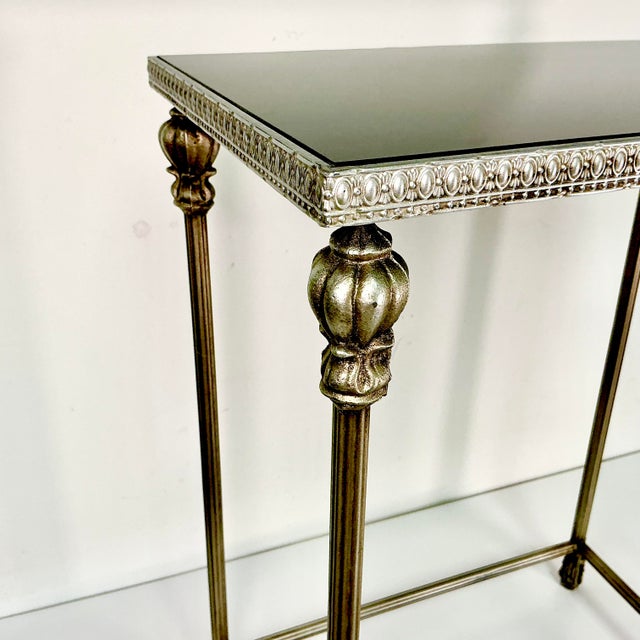 Metal 1970s Vintage Hollywood Regency Italian Neoclassical Black Marble Top Metal Side Table For Sale - Image 7 of 16