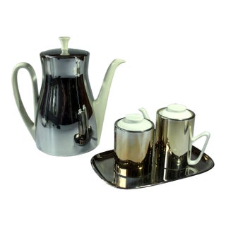 1960s Ceramic Coffee Pot by SuS With Metal Isolated Warming Hood as a Set With Milk Jug and Sugar Bowl on a Metal Tray - Set of 4 For Sale