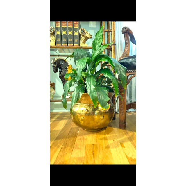 Metal Mid 20th Century Large Chased or Hammered Brass Planter With Tope Trim and Repousse Button Accents For Sale - Image 7 of 8