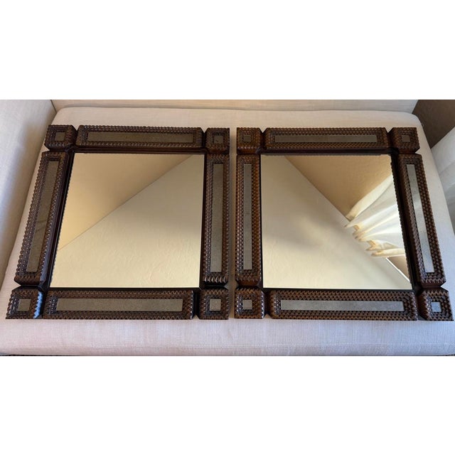 Currey & Company Tramp Art Handcrafted Wood Square Mirror Antiqued Border For Sale - Image 11 of 12