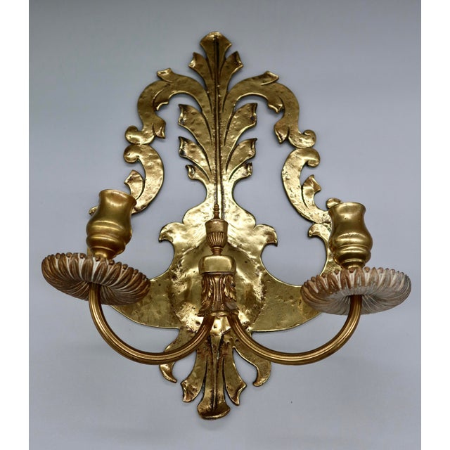 Pair of Solid Brass Two-Arm Rococo Revival Candle Wall Sconces With Acanthus Leaf Backplate, Early 20th Century For Sale - Image 9 of 15