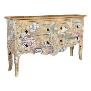 GuildMaster Coastal Hand-Painted Grasscloth Fish Sideboard Credenza For Sale