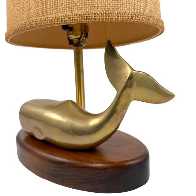 Vintage 1970s Brass Whale Table Lamp W/ Walnut Wood Base & Grasscloth Shade For Sale - Image 13 of 18