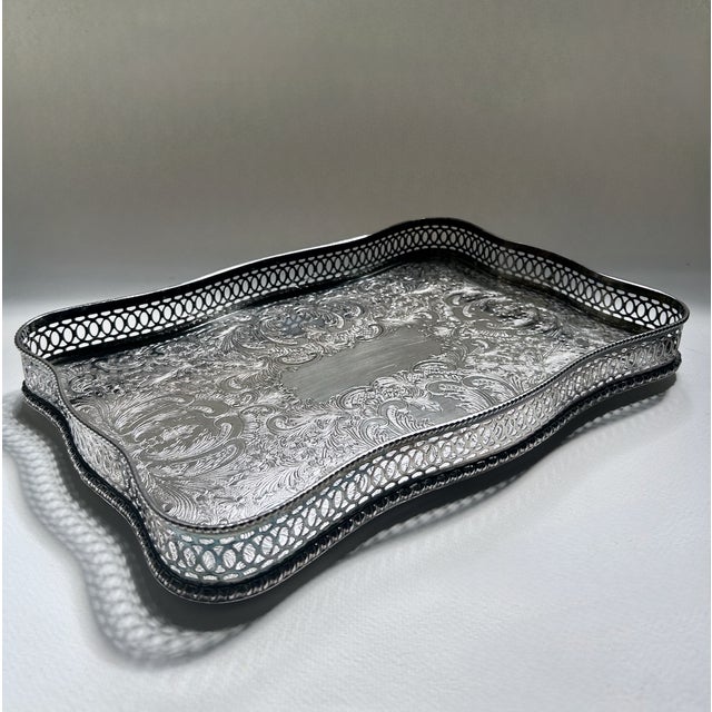 English Vintage Sheffield England Rimmed Silver Plated Copper Tray For Sale - Image 3 of 18
