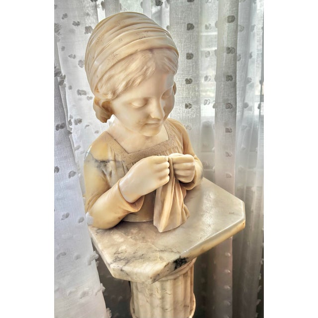 19th Century Italian Alabaster Bust of “The Sewing Girl” on Marble Pedestal, Neoclassical Sculpture For Sale - Image 10 of 12