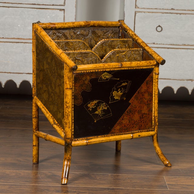 Early 20th Century English 1900s Bamboo Leather Canterbury Magazine Rack with Chinoiserie Motifs For Sale - Image 5 of 12