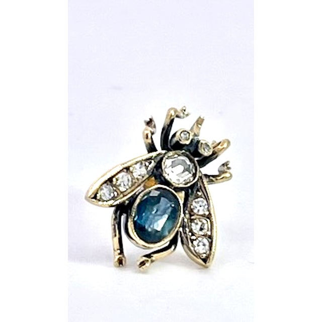 Etruscan Revival Antique Gold and Silver Bee Earrings With Sapphires and Diamonds, Pair For Sale - Image 3 of 13