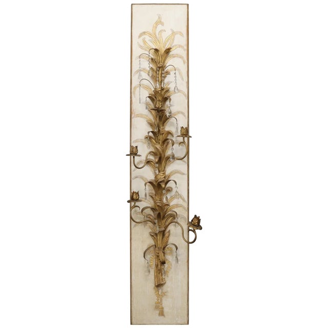 Gold Very Large Tall Gold Gilt Metal Crystal Decorated Wall Candle Holders Sconce For Sale - Image 8 of 8