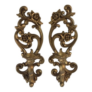 Vintage 1971 Hollywood Regency Gold Candle Wall Sconces - a Pair For Sale