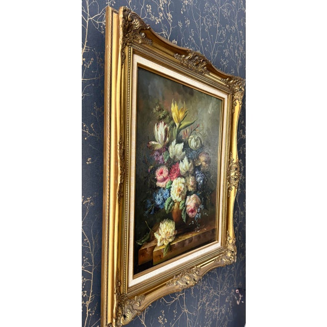 French Country Large Floral Still Life Oil Painting in Ornate Gilt Frame Vintage European Style For Sale - Image 3 of 7