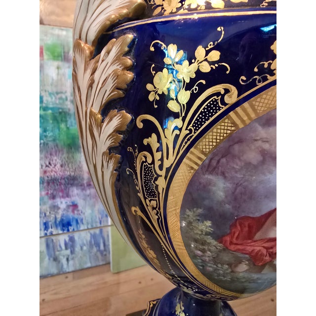 Antique Cobalt Blue Porcelain Pr Urns Attributed to Sevres For Sale - Image 12 of 17