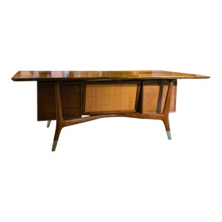 Mid 20th Century Alma Skulptura Mid Century Walnut Executive Desk, 78” Danish Modern, Cane Panel For Sale