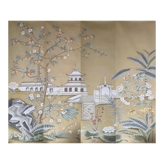 Chinoiserie Hand‑Painted Wall Panels, Set of 4, Oriental Pagoda Garden Landscape Mural For Sale