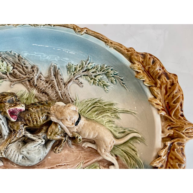 French Rare 19th Century French Sarreguemines Majolica "The Hunt of the Wolves" Barbotine Platter, Rare Turquoise Color. For Sale - Image 3 of 17