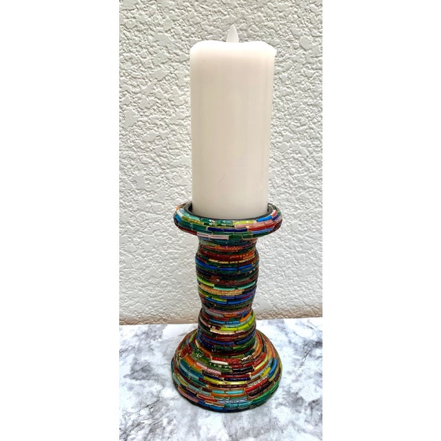 Large vintage mosaic glass beaded pillar candleholder. Vibrant translucent mixed colors make this bohemian artisan...