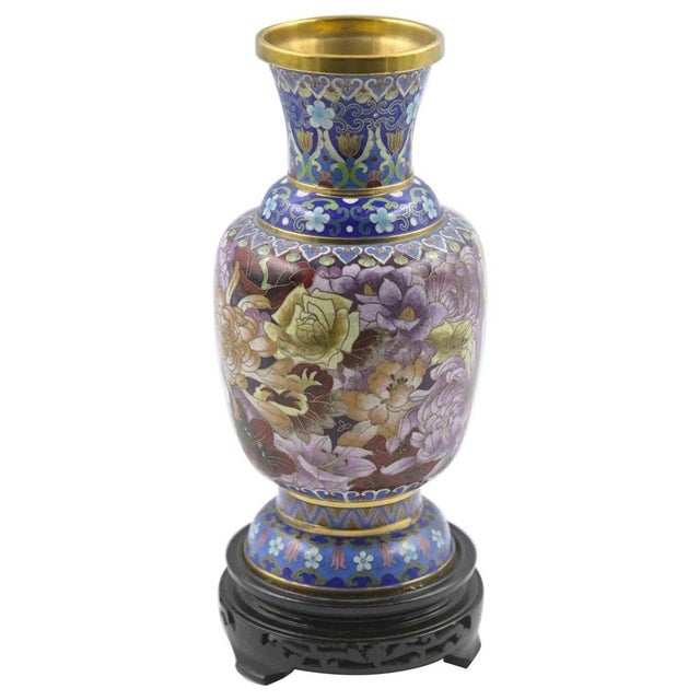 Vintage Chinese Ceramic and Metal Vase on Wooden Base, Early 1900s For Sale - Image 6 of 6