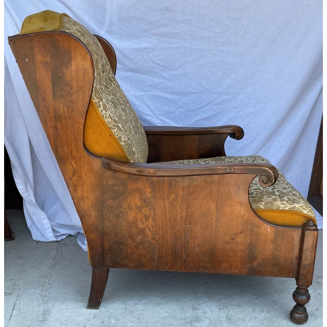 Mid-Century Solid Wood and Fabric Wing Back Leisure Lounge Chair with scroll arms. In good vintage condition for its age....