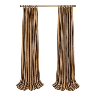 Pair of Custom Interlined Striped Drapery Panels in Black, Gold & Ivory, 94” For Sale