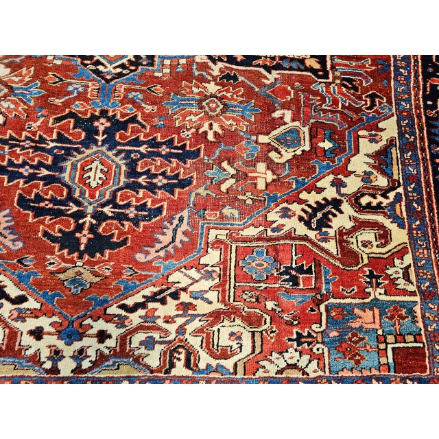 Vintage Heriz Serapi Rug, Hand-Knotted Wool, Geometric Medallion Pattern, Red & Ivory, 10x12 For Sale - Image 11 of 14