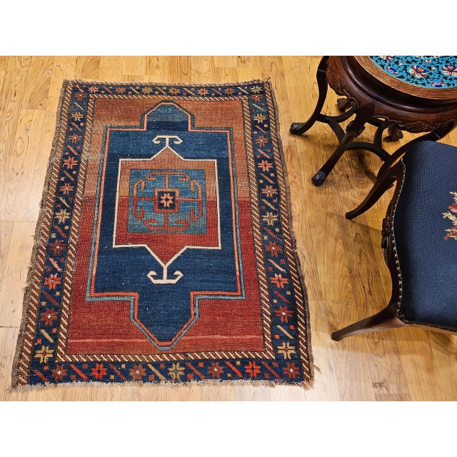 19th Century Caucasian Fachralo Kazak Prayer Area Rug, Persimmon & Blue, 3' x 4' For Sale In Chicago - Image 6 of 15
