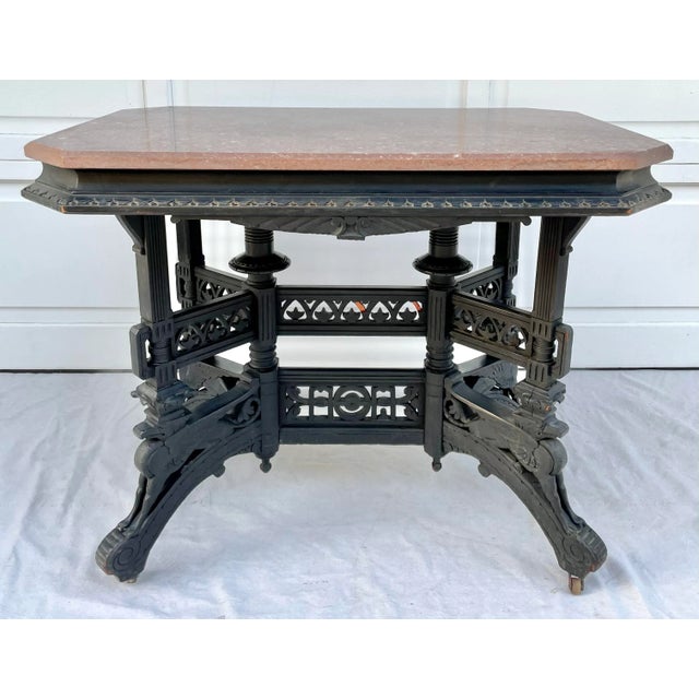 Antique Eastlake Pink Marble and Griffin Carved Rolling Table For Sale - Image 11 of 13