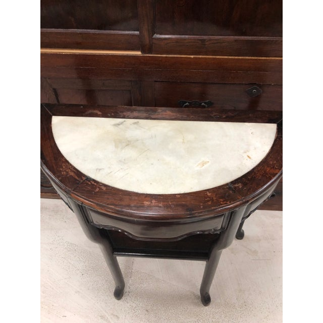 Chinese Vintage Chinese Elm Demi-Lune Marble Insert Console Table For Sale - Image 3 of 5