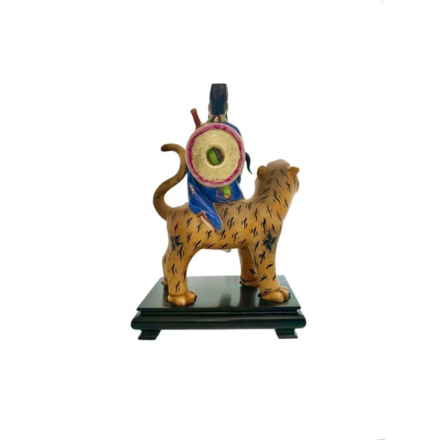 Late 20th Century Late 20th Century Immortal on Tiger Figurine Vintage Porcelain on Wood Base China Folk Art Decor For Sale - Image 5 of 10