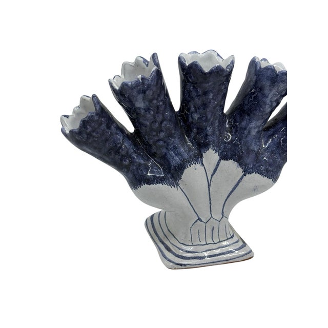 Late 20th Century Vintage Five Finger Blue and White Tulip Vase Made in Portugal For Sale - Image 5 of 7