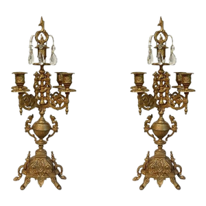 Pair of Vintage Italian Baroque Brass Brevattato 6 Light Candelabra W/Crystals & Snuffers