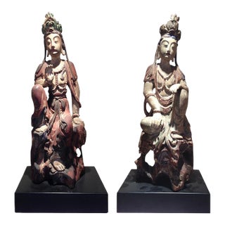 Pair of Chinese Wood Statues of Bodhisattva Buddhism Art For Sale