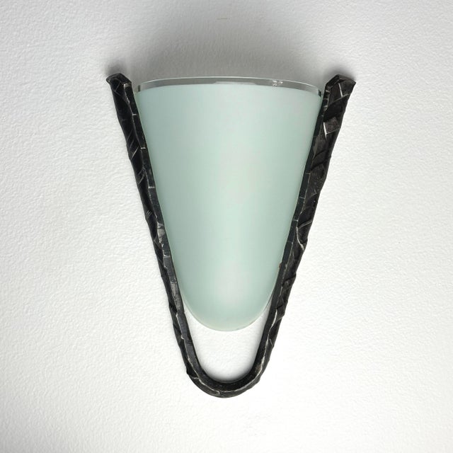 Postmodern Frosted Glass and Hammered Iron Wall Sconces For Sale - Image 9 of 13
