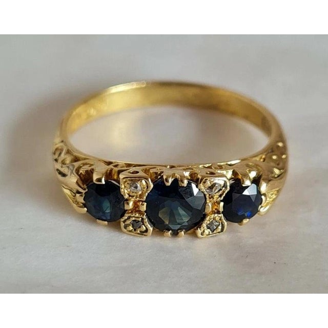Vintage 18ct Yellow Gold Sapphire and Diamond Three-Stone Ring, 1976 For Sale - Image 10 of 10