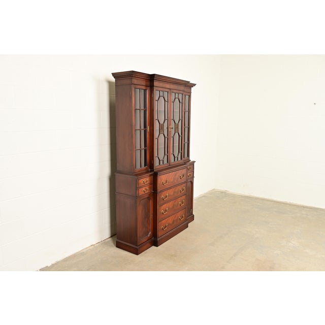 Baker Furniture Company Baker Furniture Style Georgian Flame Mahogany Breakfront Bookcase Cabinet With Drop Front Secretary Desk For Sale - Image 4 of 16