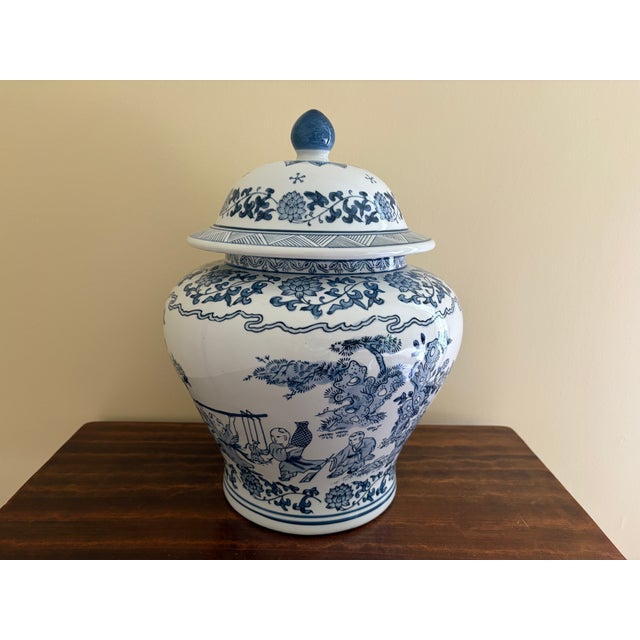 Blue Chinoiserie Large Blue and White Porcelain Covered Jar For Sale - Image 8 of 10