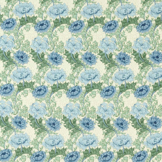 Morris & Co Chrysanthemum Fabric in Indigo/Bayleaf For Sale