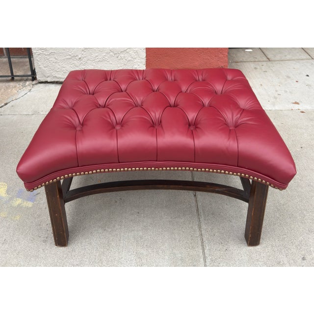 Antique Queen Anne Red Tufted Leather Wingback Chair & Ottoman For Sale In Los Angeles - Image 6 of 8