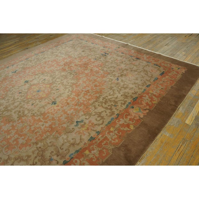 1920s Tan Sand Floral Layered Oriental Antique Chinese Art Deco Rug 9' X 11' 9'' For Sale - Image 4 of 11