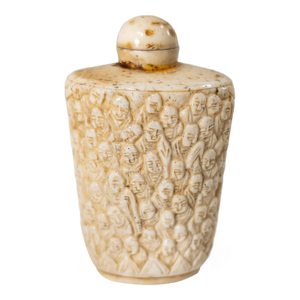 Mid 20th Century Chinese Carved Cow Bone Snuff Bottle With 100 Faces Design