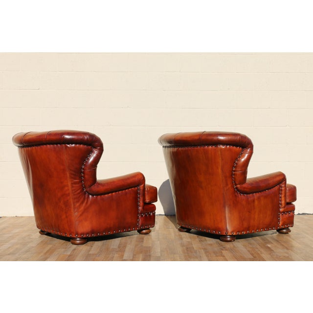 Pair of 1990s Henredon Churchill Tufted Distressed Brown Leather Club Chairs For Sale - Image 13 of 18