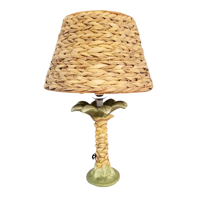 Vintage Ceramic Whimsical Palm Tree Regency Style Wicker Shade Table Lamp For Sale