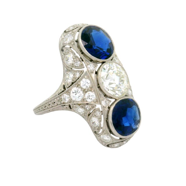 1920s Art Deco Blue Sapphire Diamond Platinum Navette Ring, Size 5.5 For Sale - Image 4 of 6