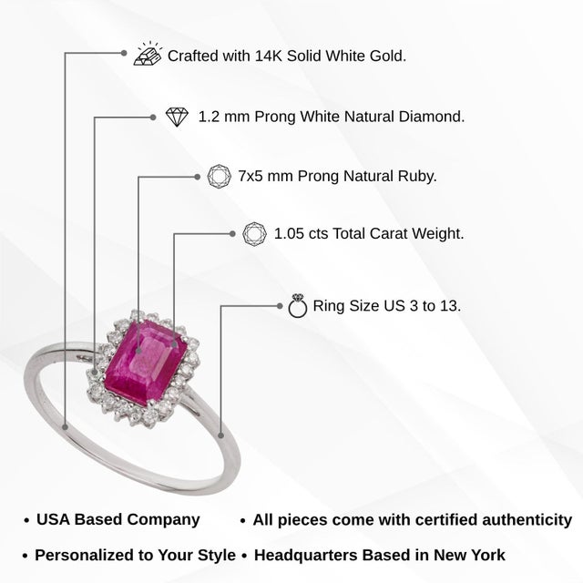 1.05ct Emerald-Cut Ruby & Diamond Halo Engagement Ring Size 5 in 14k Gold For Sale - Image 11 of 16