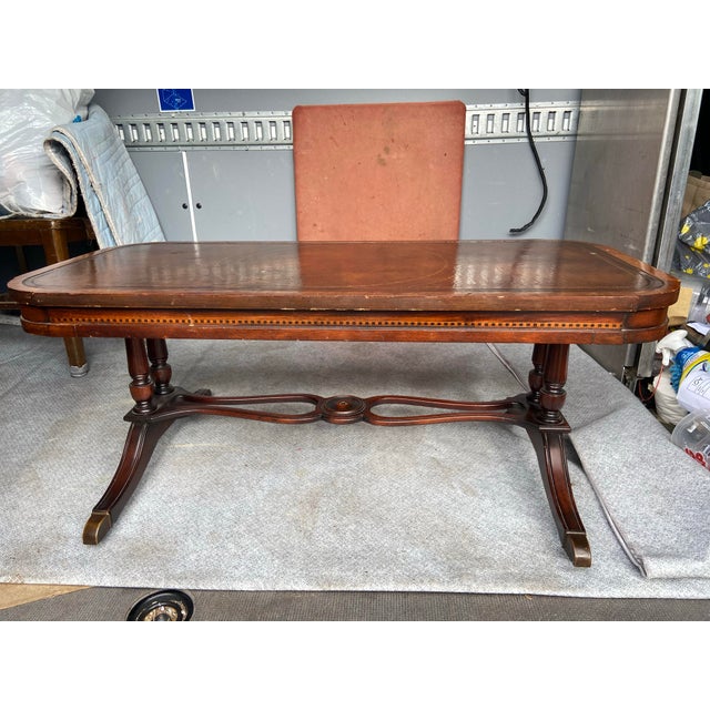Brown Antique Leather Top Federal Style Mahogany Hollywood Regency Coffee Table For Sale - Image 8 of 12