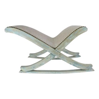 Swedish Painted "X" Rocking Bench With Linen Upholstery, Circa 1930s For Sale